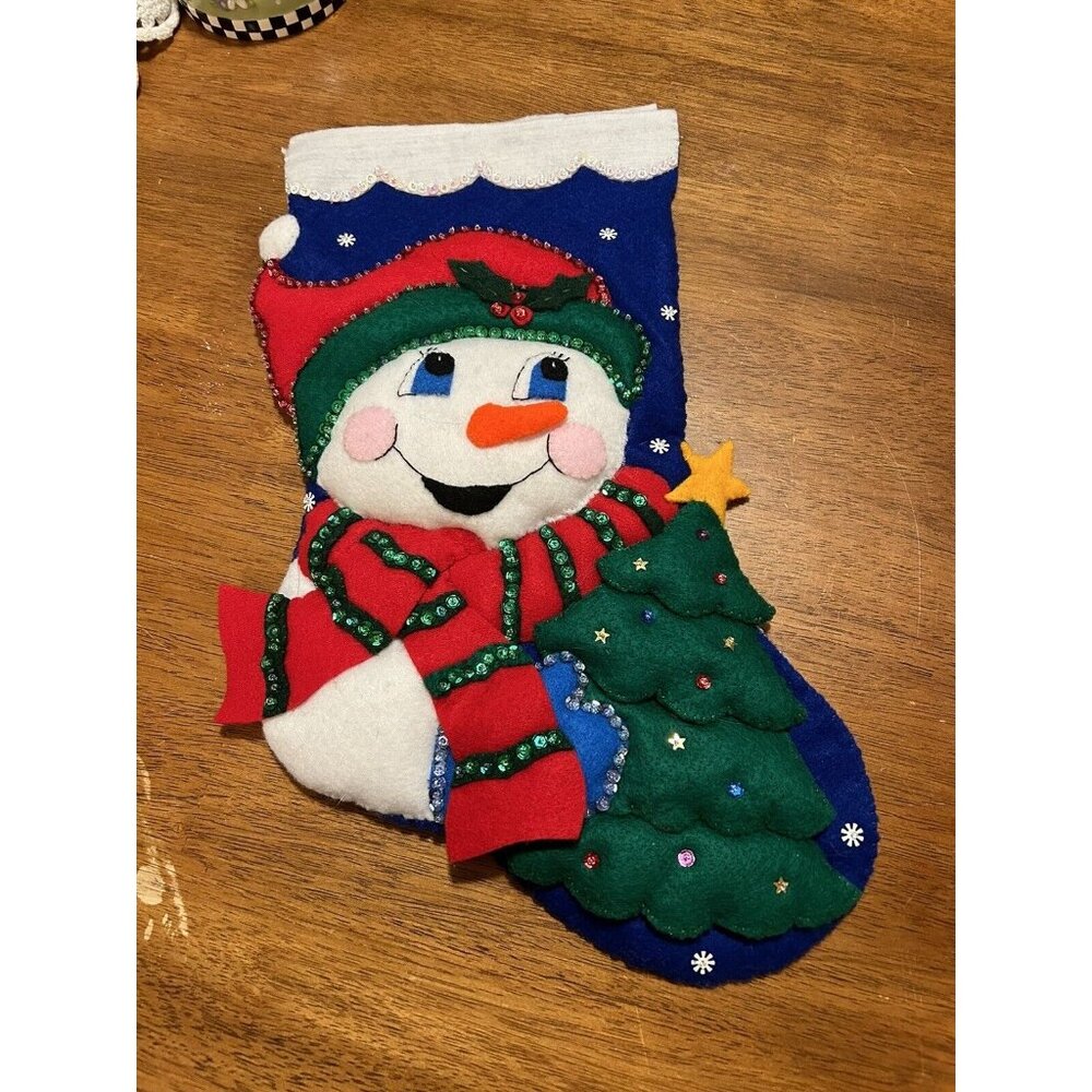 Design Works Crafts Felt Christmas Stocking Handcrafted "Snowman and Tree" 16"